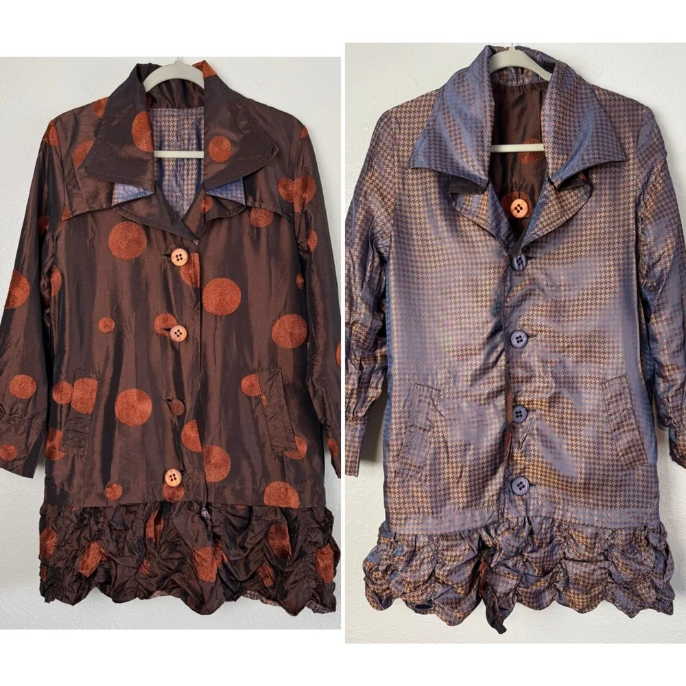 UBU reversible polka dot hounds tooth long jacket mettalic crinkle ruffle S - Picture 13 of 13